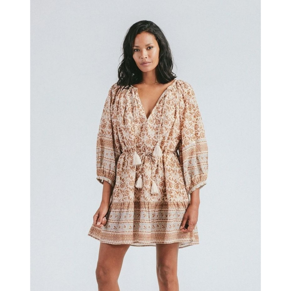 NWT Cleobella Brown Tamil Block Print Rosy Mini Dress Women's Size XS